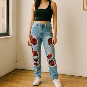 Y2k Urban Outfitters MIU Thrased Buffalo Plaid Patchwork Straight Leg Jeans 29"